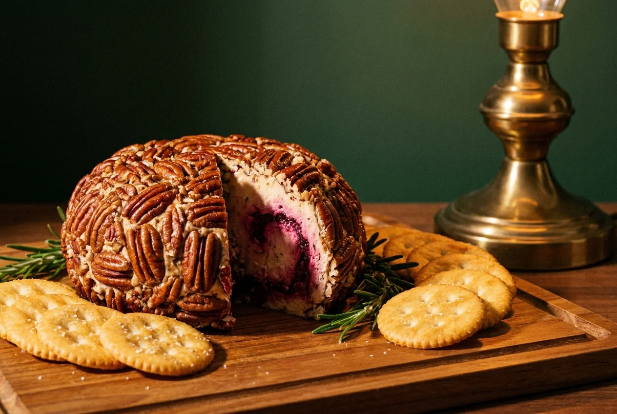 A photograph of a pecan-crusted port wine cheese ball on a wooden board with crackers and a brass lamp in the background.