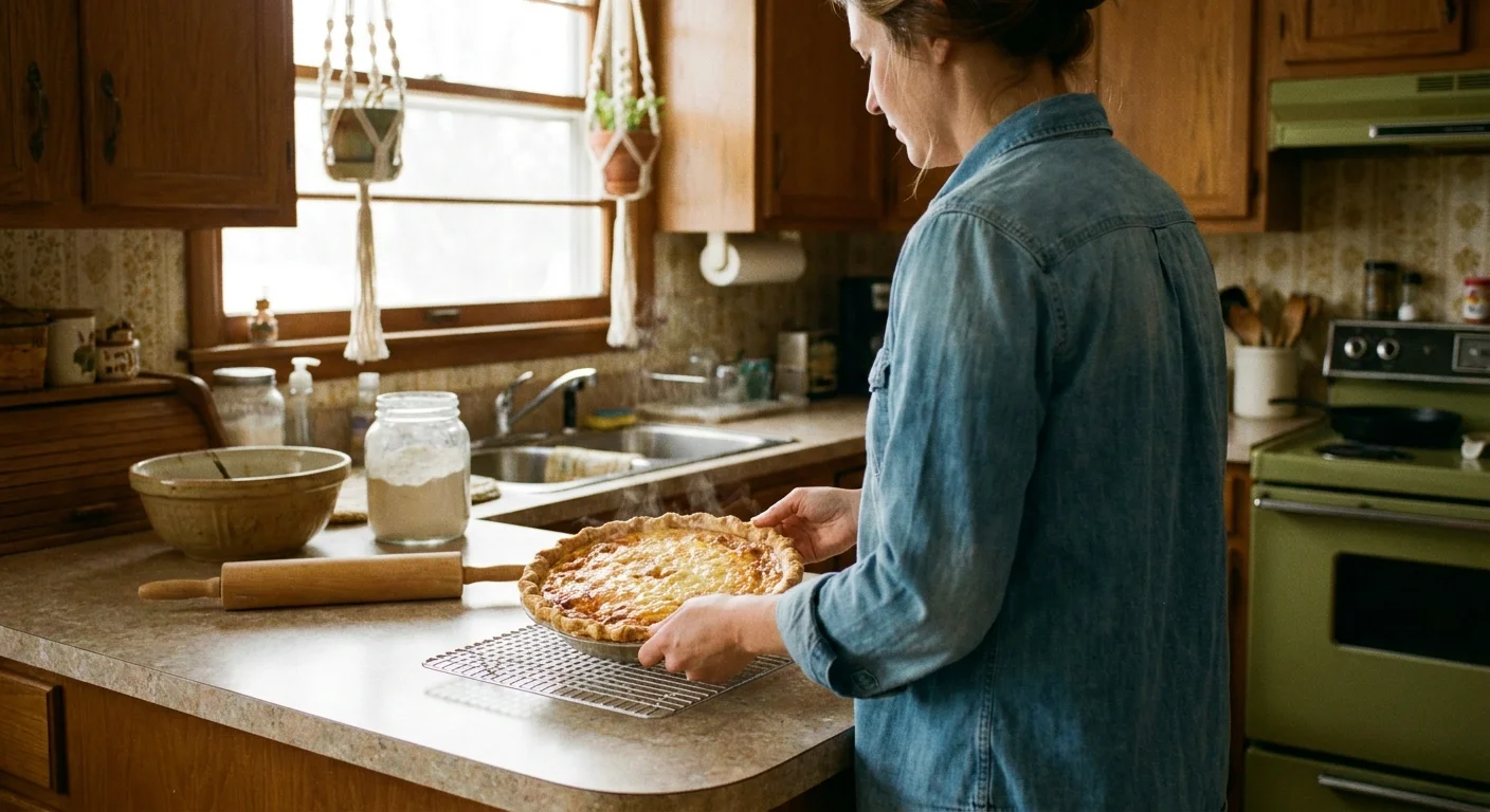 A photograph of a person placing a freshly baked quiche with a golden crust onto a kitchen counter in a sunlit room.