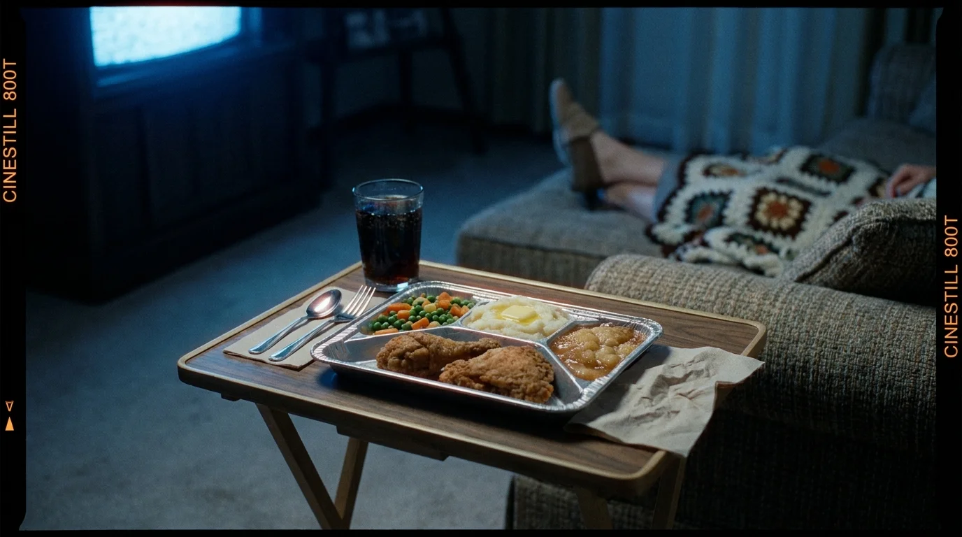 A photograph of an aluminum tray TV dinner on a folding snack tray, illuminated by the blue glow of a television in a dark room.
