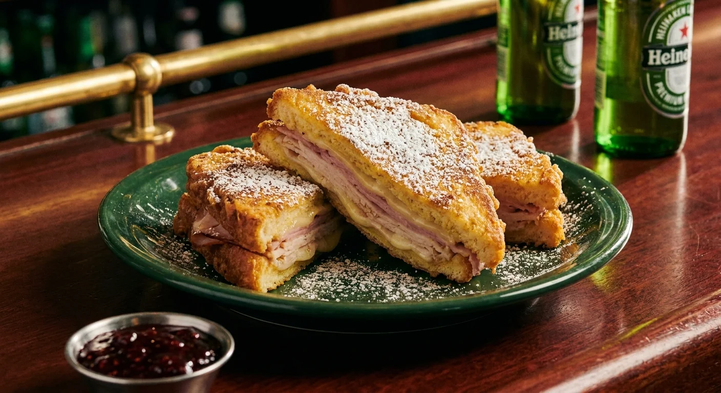 A powdered sugar-dusted Monte Cristo sandwich sliced and served with raspberry jam on a dark green plate.