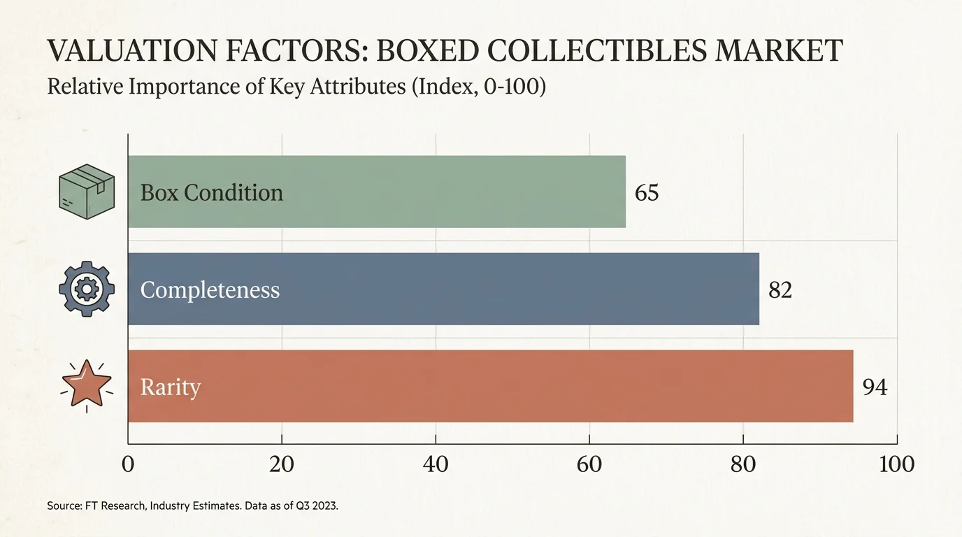 A professional bar chart comparing toy valuation factors like box condition and rarity.