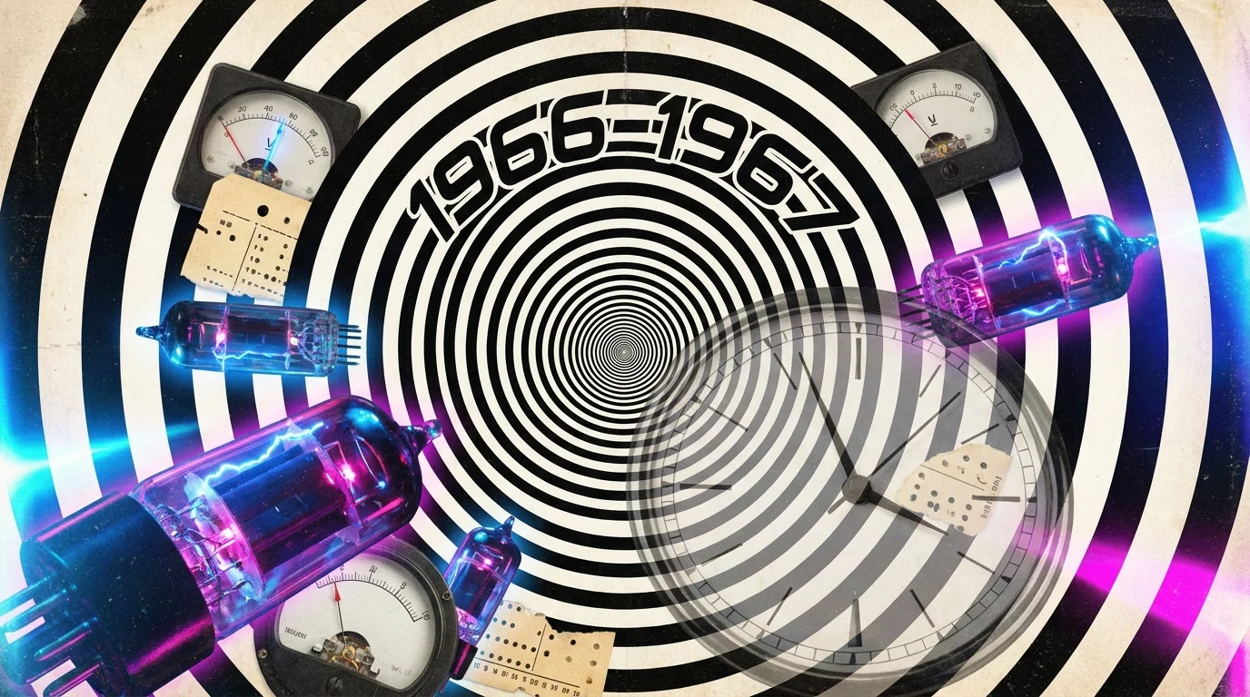 A psychedelic collage with a black-and-white concentric circle tunnel, vacuum tubes, and analog clock faces.