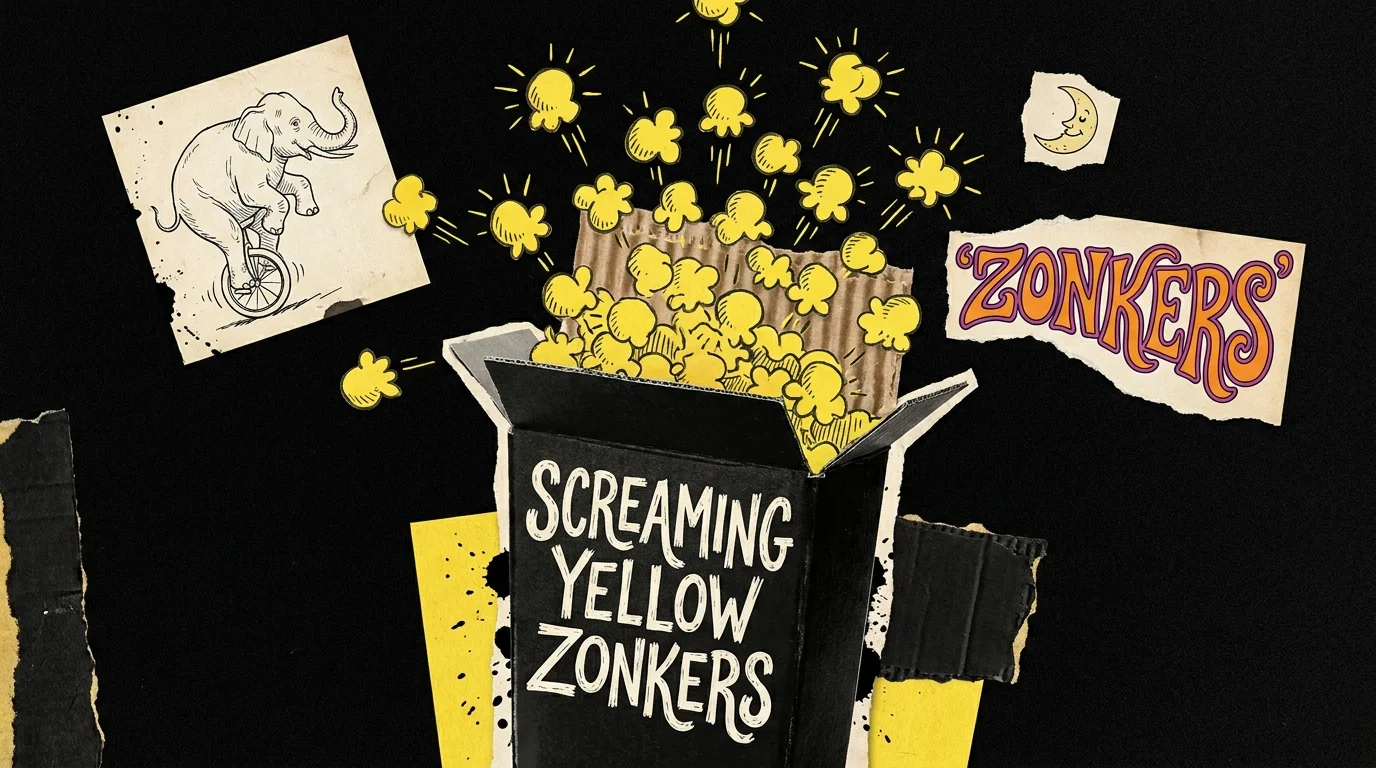 A psychedelic collage with bright yellow popcorn exploding from a black box against a dark background.