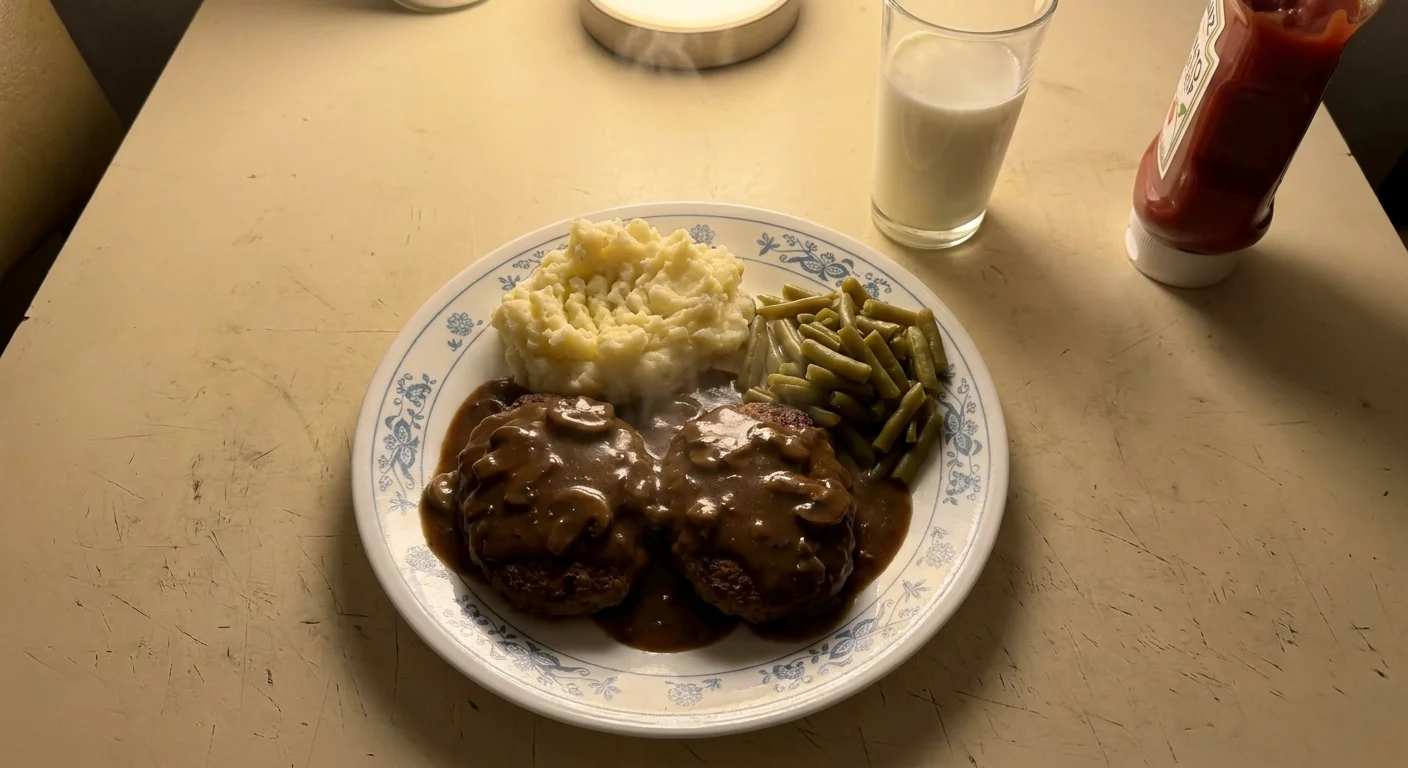 A realistic photograph of Salisbury steak with mushroom gravy and mashed potatoes on a floral-bordered plate.