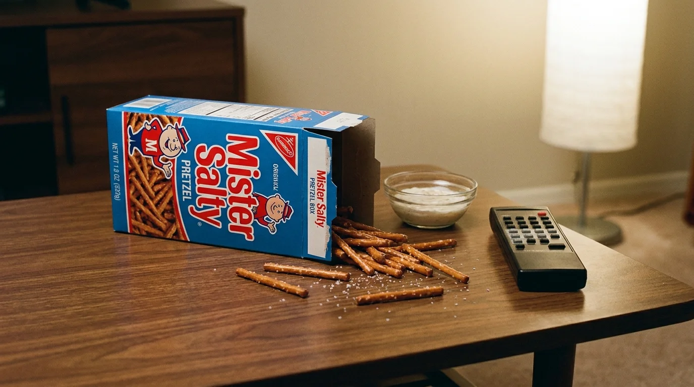 A still life photo of a blue pretzel box and scattered pretzel sticks on a wooden coffee table in soft lamplight.