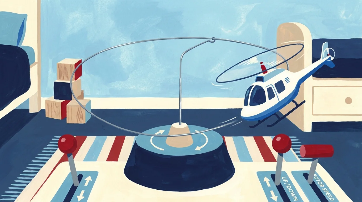 A stylized gouache painting of a toy helicopter flying in circles around a control base in a bedroom.
