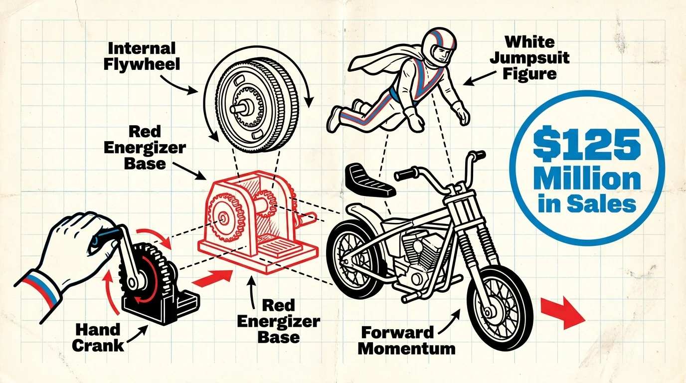 A technical diagram of the Evel Knievel Stunt Cycle showing its internal flywheel and the red energizer base.
