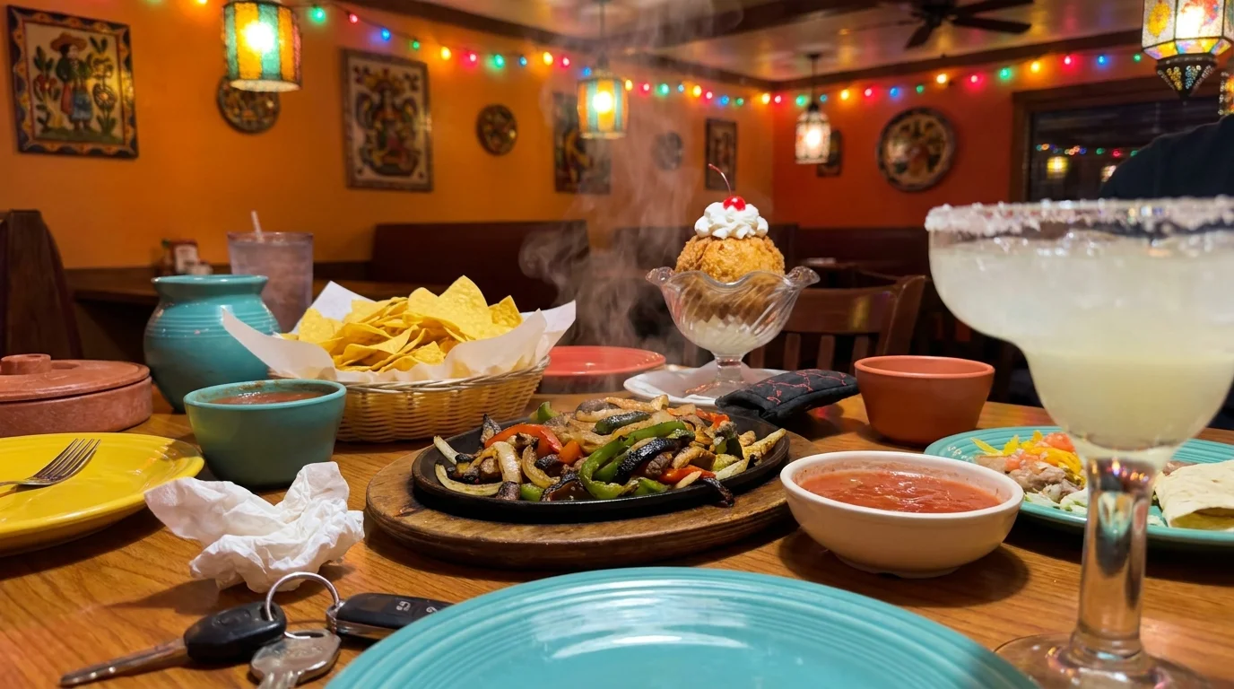 A vibrant table-top photo of sizzling fajitas, tortilla chips, and fried ice cream at a festive Mexican restaurant.