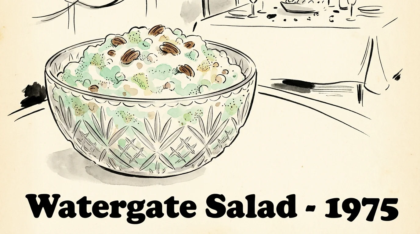 A watercolor and ink illustration of a pale green pistachio fluff salad in a crystal bowl, decorated with pecans and marshmallows.