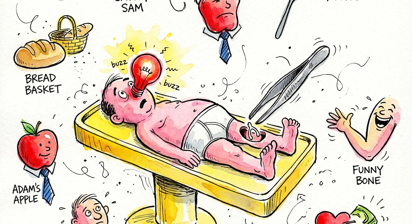 A watercolor and ink illustration of the Operation game board featuring Cavity Sam and his glowing red nose.