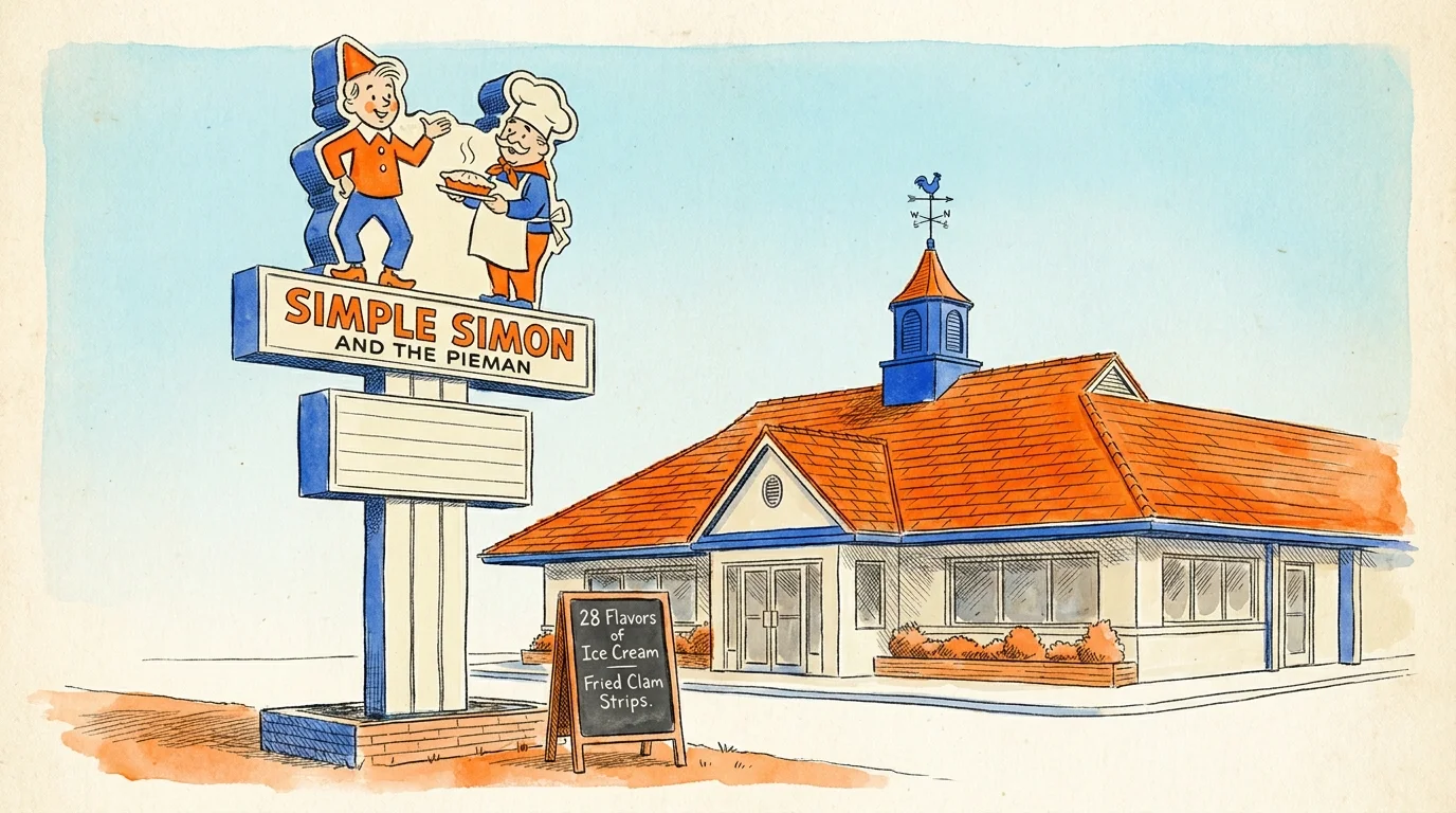 A watercolor illustration of a Howard Johnson’s restaurant with its famous orange roof and blue spire under a bright blue sky.