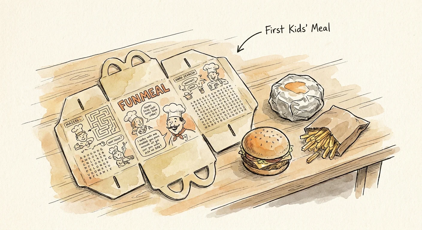 A watercolor illustration of a vintage 'Funmeal' box, a cheeseburger, and fries on a clean white background.