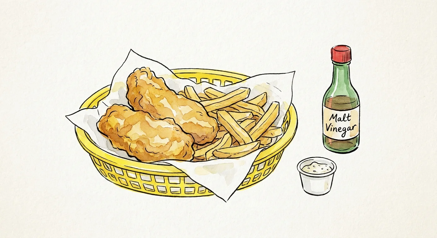 A watercolor illustration of battered fish and chips in a yellow basket with a bottle of malt vinegar.