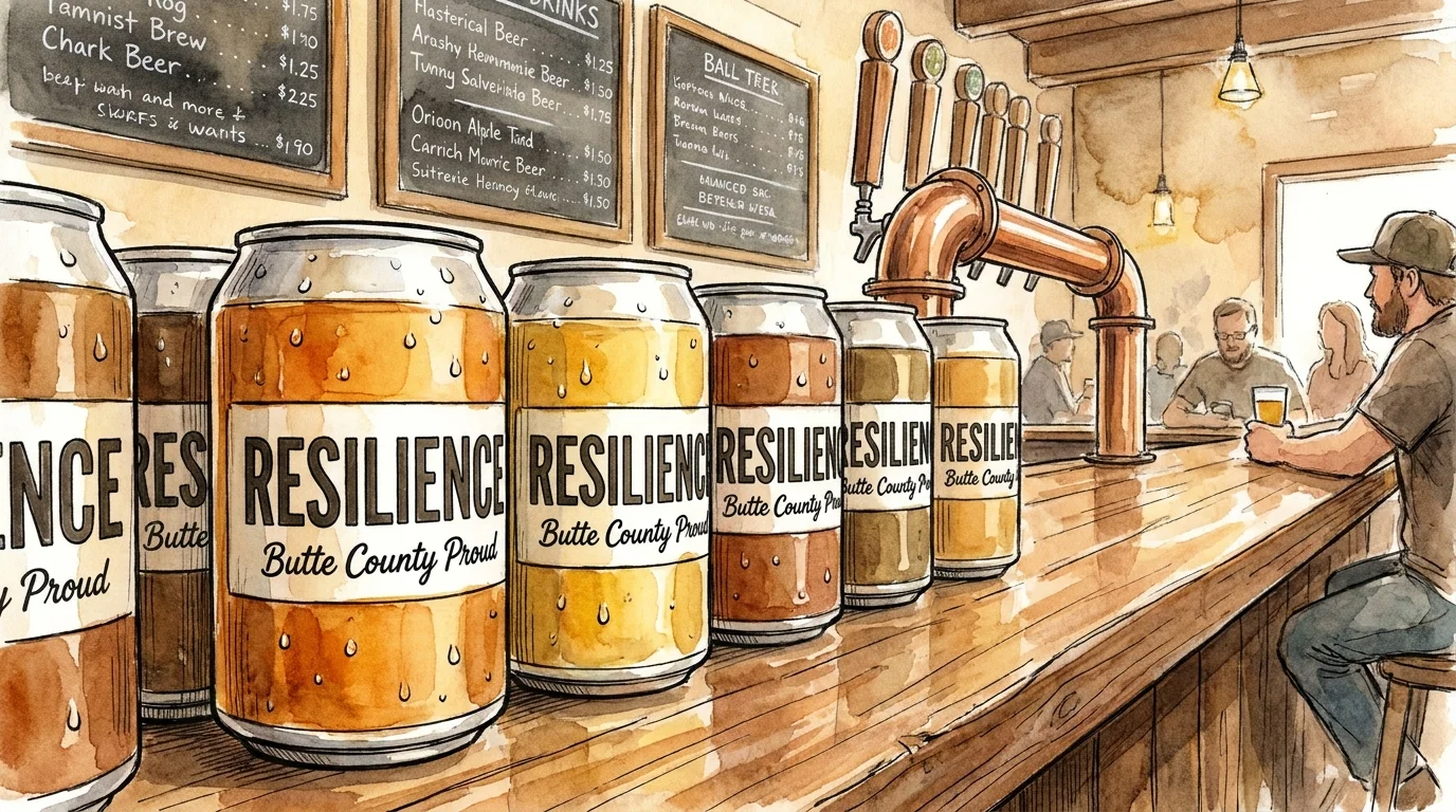 A watercolor illustration of beer cans with 'Resilience' labels standing in a row on a wooden bar.