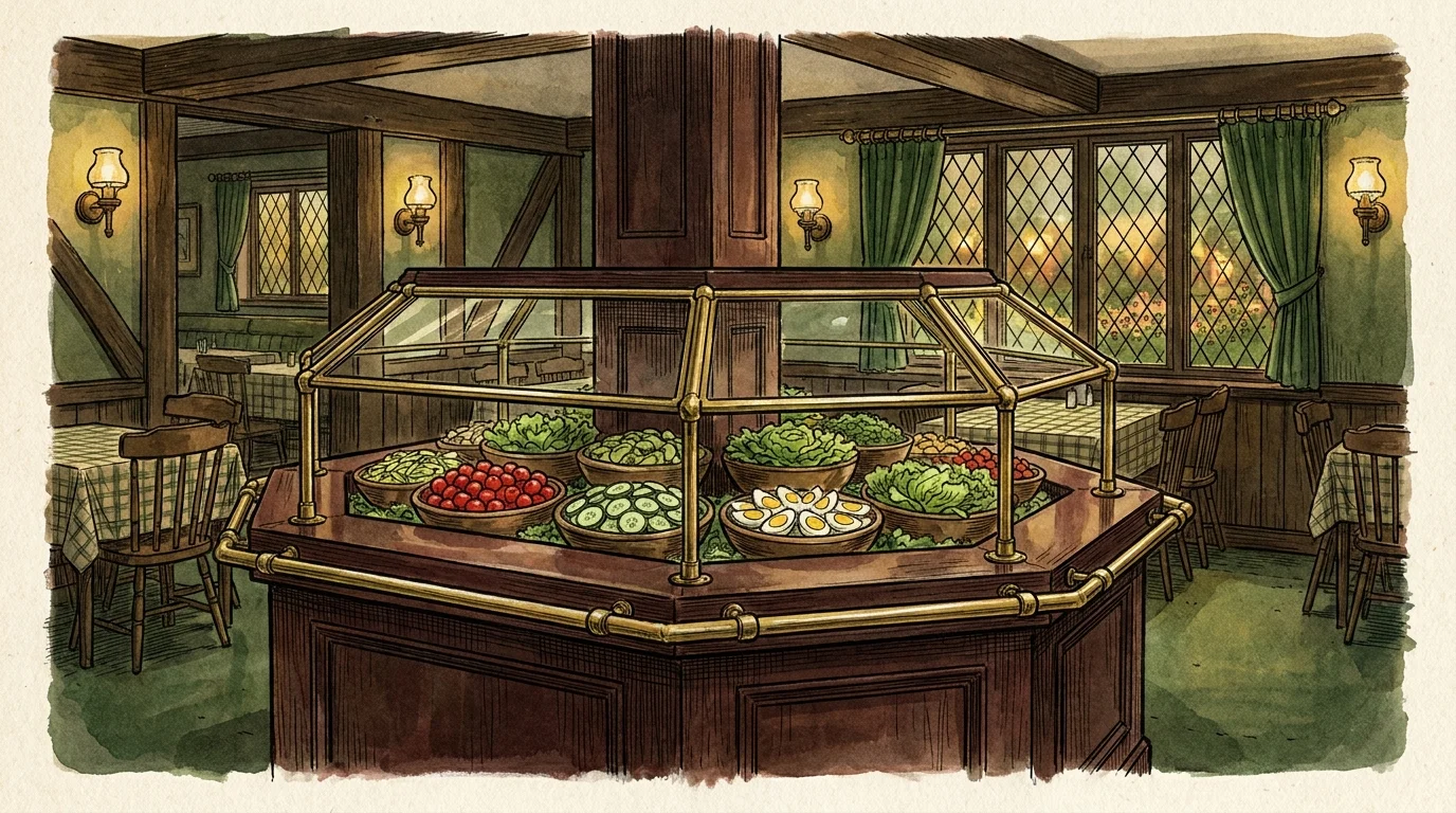 A watercolor sketch of a Steak and Ale dining room featuring the iconic dark wood salad bar and Tudor-style decor.