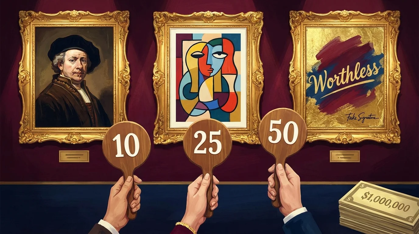An art auction illustration with ornate frames and auction paddles, capturing the essence of the game Masterpiece.