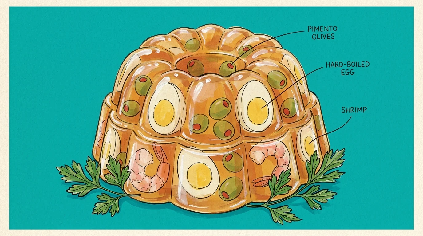 An artistic illustration of a savory amber gelatin mold containing suspended eggs and olives, styled like vintage advertising art.