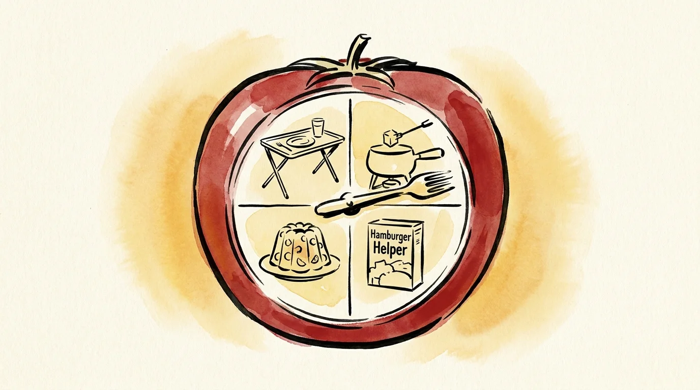 An editorial ink sketch of a vintage kitchen timer where the numbers are replaced by icons of 1970s food staples.