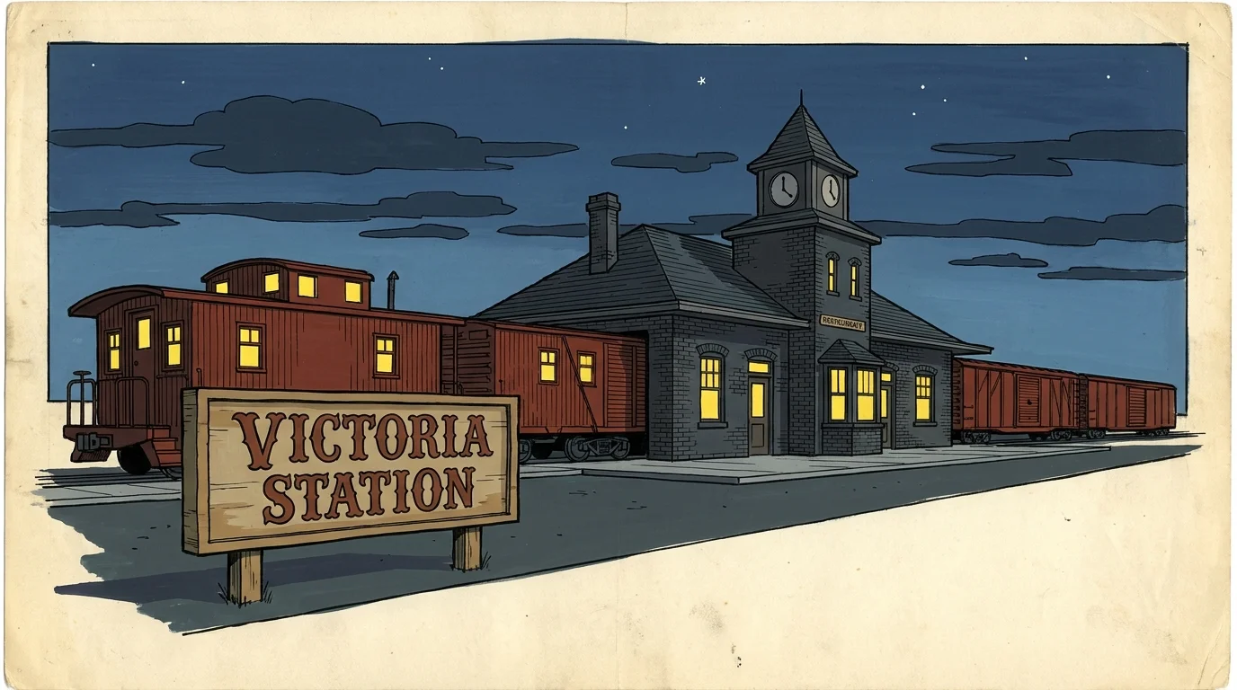An illustration of a restaurant made from red train boxcars at dusk, with warm light shining from the windows.