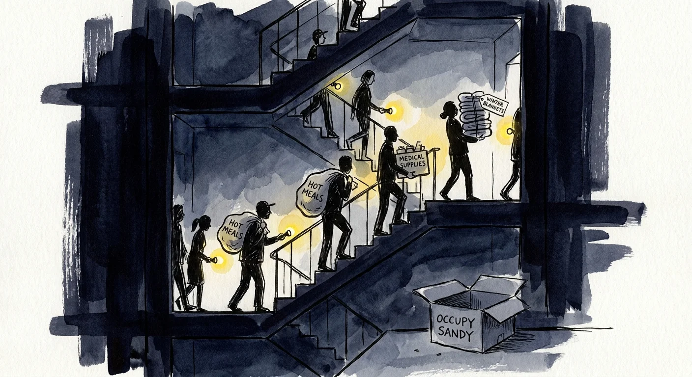 An illustration of volunteers with flashlights carrying supplies up a dark apartment stairwell during the Superstorm Sandy blackout.