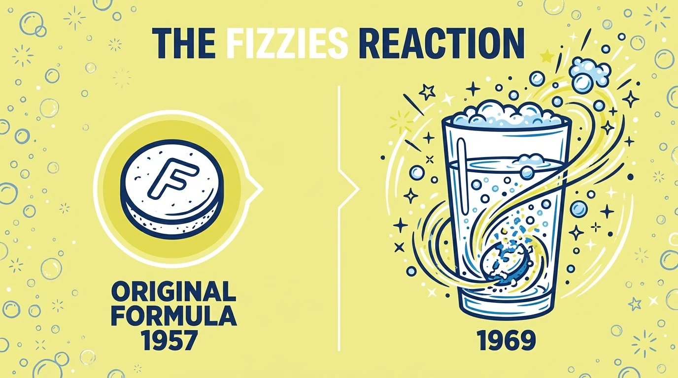 An infographic showing a tablet dropping into a glass and creating a burst of bubbles, with the dates 1957 and 1969.
