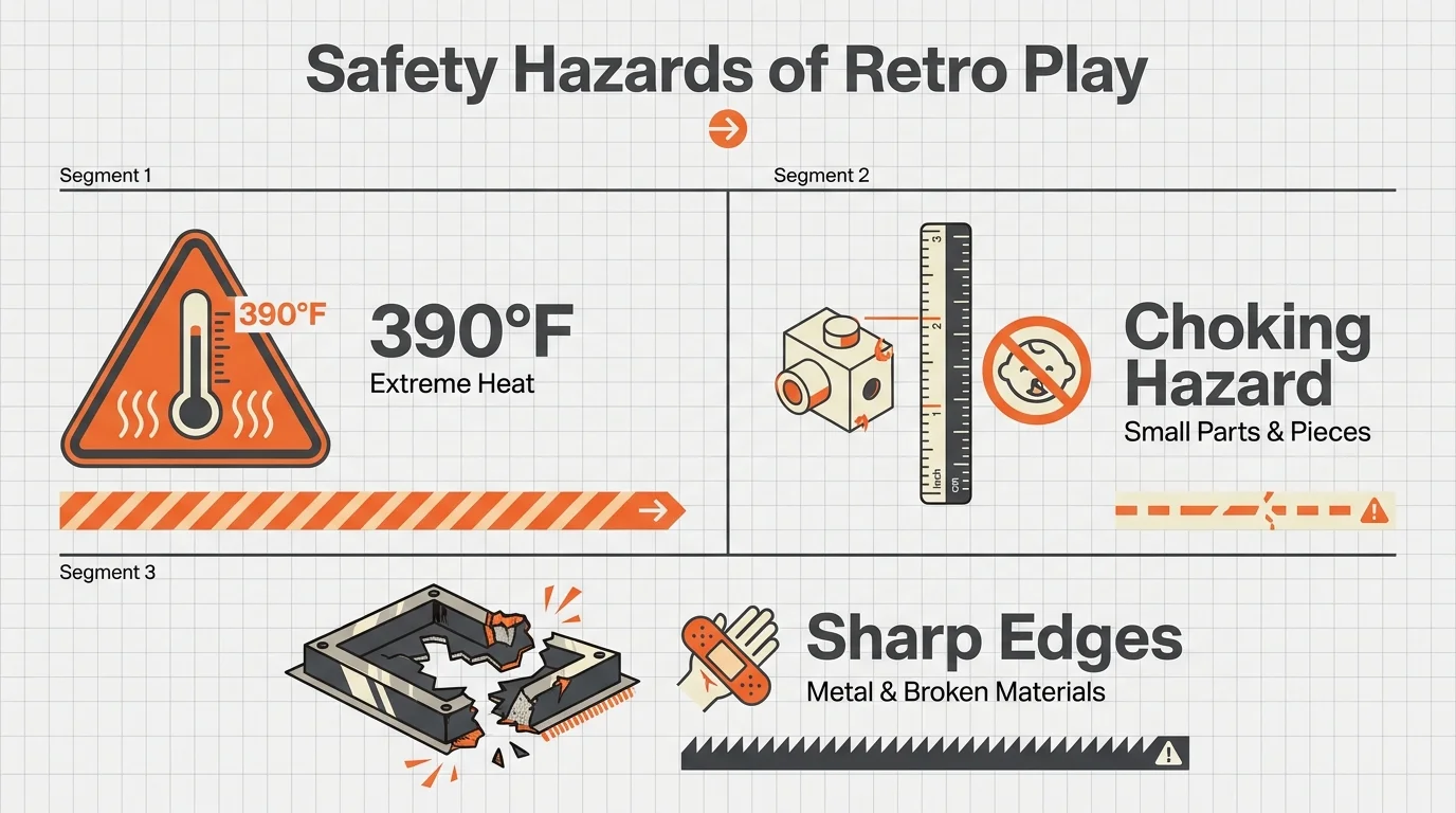 An infographic showing safety hazards like high heat (390 degrees), choking risks, and sharp edges.