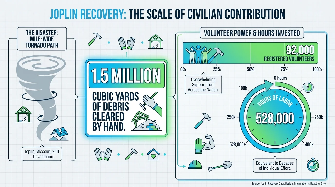 An infographic showing stats for Joplin's recovery: 92,000 volunteers, 528,000 labor hours, and 1.5 million cubic yards of debris.