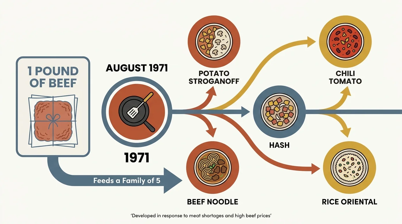 An infographic showing the 1971 launch of Hamburger Helper and its original five flavors: Potato Stroganoff, Chili Tomato, Hash, Beef Noodle
