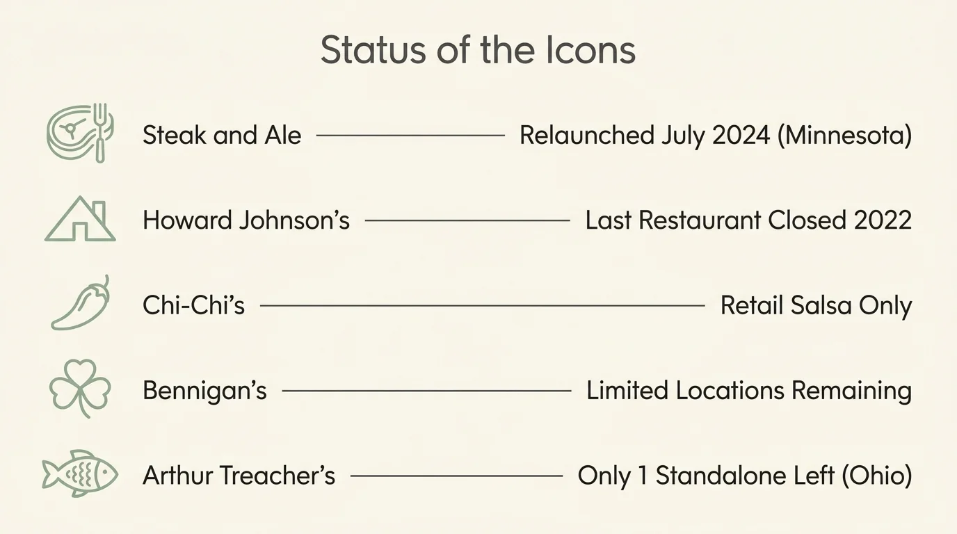 An infographic showing the current status of 5 restaurant chains, noting Steak and Ale's 2024 relaunch and HoJo's 2022 closure.