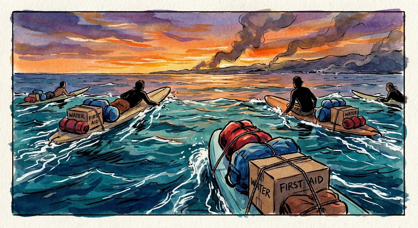 An ink and watercolor drawing of surfers on longboards paddling across the ocean with bags of supplies toward a smoky coastline.