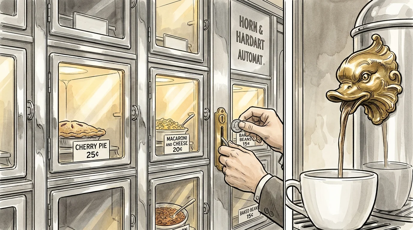 An ink drawing of an Automat wall with glass food compartments, brass coin slots, and a dolphin-shaped coffee spout.