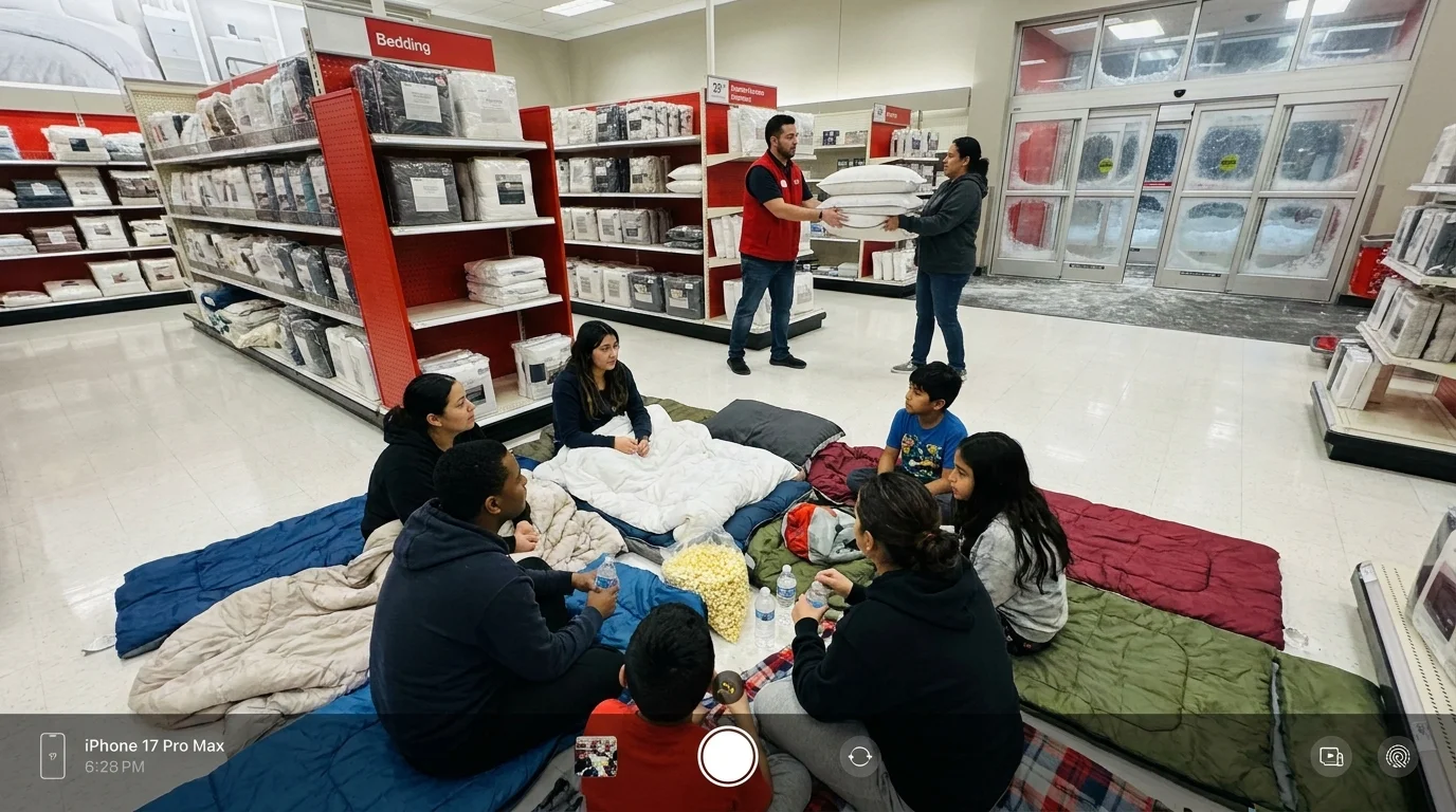An iPhone-style photo of people sitting on blankets and sleeping bags in a store aisle while a blizzard rages outside the windows.