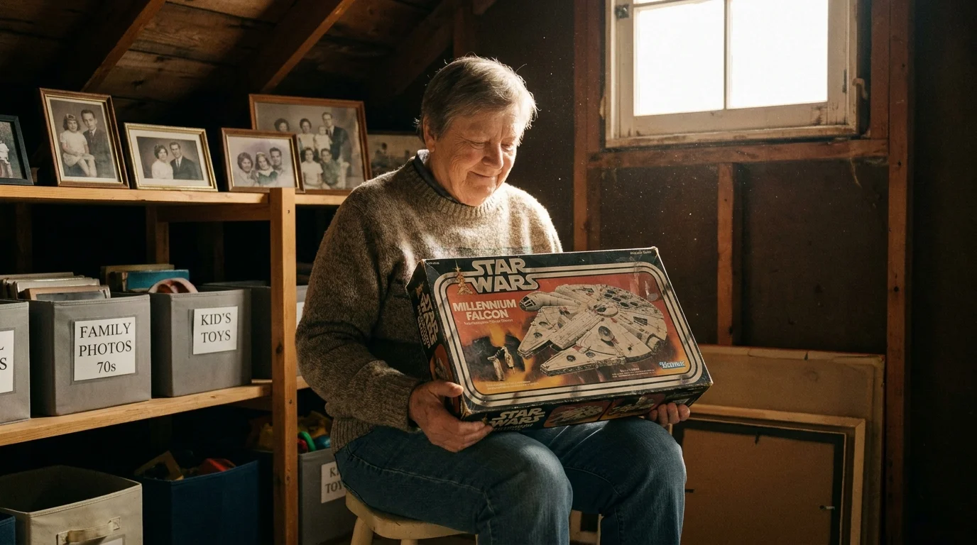 An older adult sitting in an attic, smiling while holding an old vintage toy box.